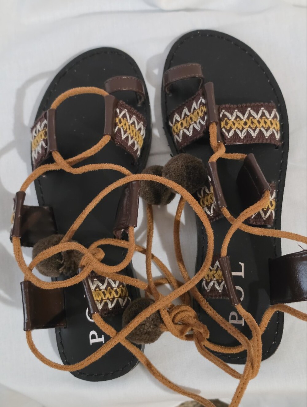 POL - Boho Pom Pom Lace-Up Sandals in Brown and Tan